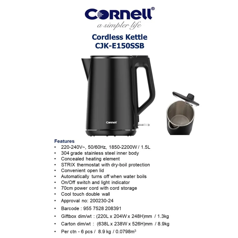 Cornell 1.5L Cool Touch Double Wall Cordless Kettle with full inner Stainless Steel CJKE150SSB - Image 9